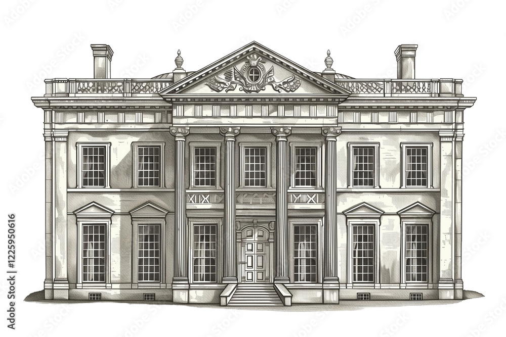Elegant Neoclassical Mansion With Intricate Architectural Details and Grand Entryway in a Historic Setting - Vintage Illustration, Isolated on White Transparent Background, PNG Elegant Neoclassical Mansion With Intricate Architectural Details and Grand Entryway in a Historic Setting - Vintage Illustration, Isolated on White Transparent Background, PNG
