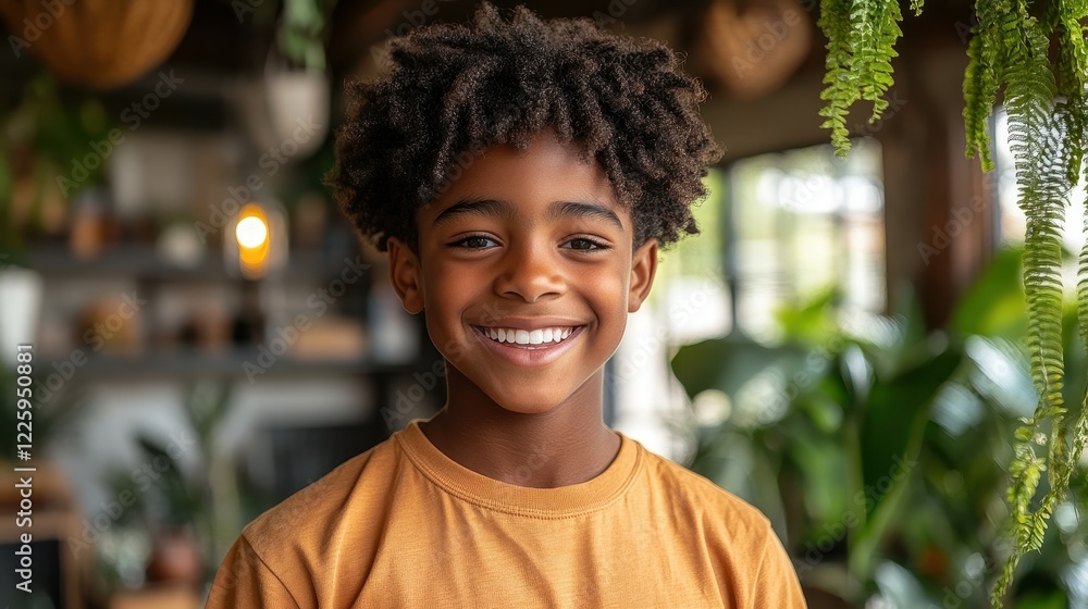 A cheerful young boy stands in a bright indoor garden, smiling widely. Various plants and warm decor create a friendly and inviting atmosphere, highlighting his happiness A cheerful young boy stands in a bright indoor garden, smiling widely. Various plants and warm decor create a friendly and inviting atmosphere, highlighting his happiness