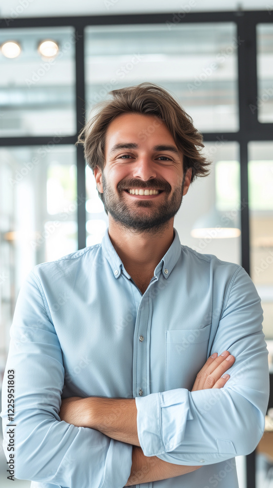 Confident young man smiling with arms crossed in a casual office setting. Confident young man smiling with arms crossed in a casual office setting.