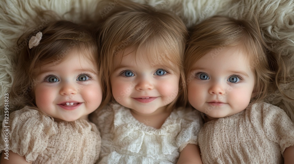 Three girls with golden hair and blue eyes smile joyfully while sitting closely together on a fluffy blanket, showcasing their playful expressions and matching outfits Three girls with golden hair and blue eyes smile joyfully while sitting closely together on a fluffy blanket, showcasing their playful expressions and matching outfits