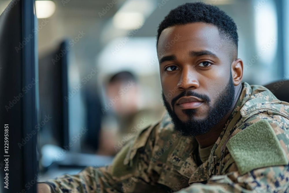 Military personnel focused on computer tasks in a modern command center during a training session Military personnel focused on computer tasks in a modern command center during a training session