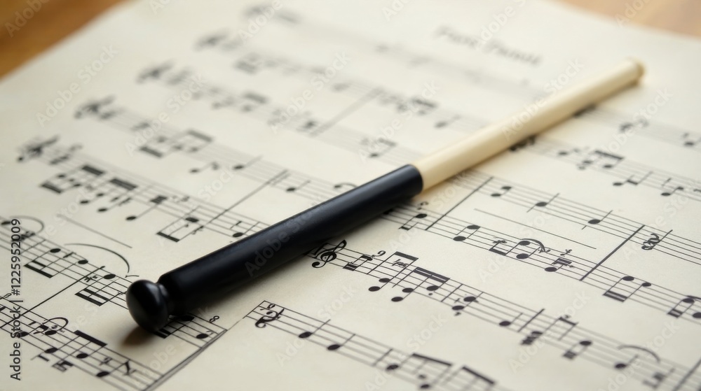 A conductor's baton rests gently on musical sheet music, a silent moment before the symphony begins A conductor's baton rests gently on musical sheet music, a silent moment before the symphony begins