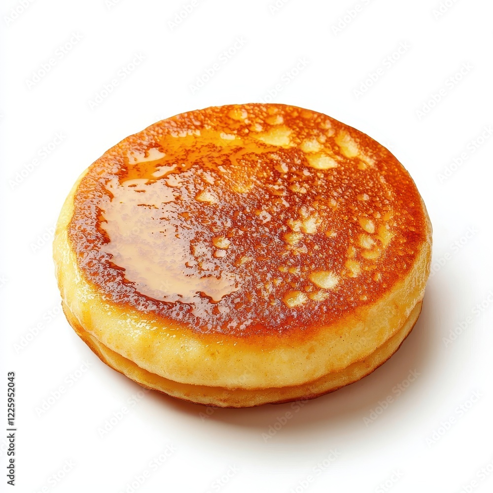 A golden-brown pancake topped with syrup, showcasing a delicious, fluffy texture, perfect for breakfast or dessert. A golden-brown pancake topped with syrup, showcasing a delicious, fluffy texture, perfect for breakfast or dessert.