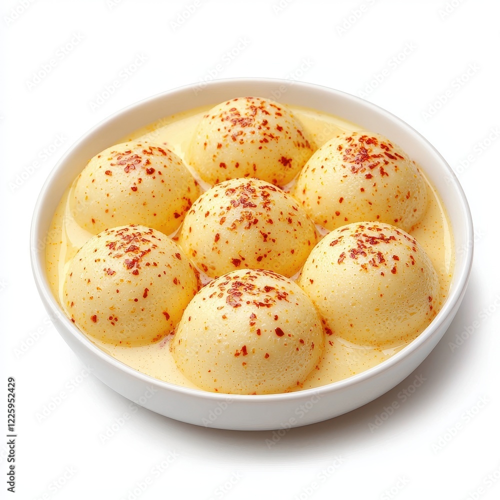 A rasmalai dessert round spongy texture soake, topped with a sprinkle of red spice, served in a white bowl. A rasmalai dessert round spongy texture soake, topped with a sprinkle of red spice, served in a white bowl.