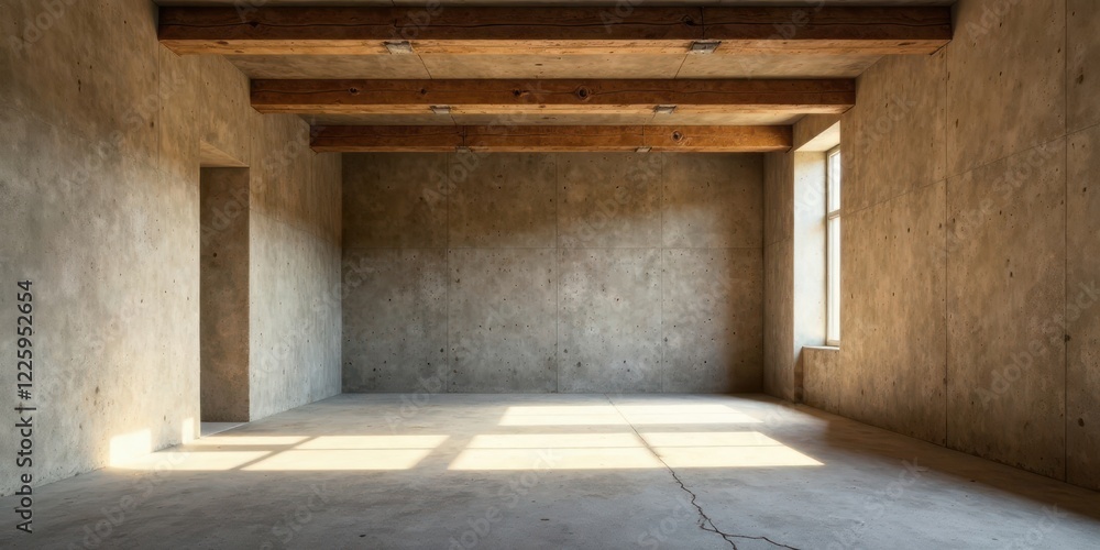 Sunlit Empty Room with Exposed Concrete Walls and Wooden Beams Sunlit Empty Room with Exposed Concrete Walls and Wooden Beams
