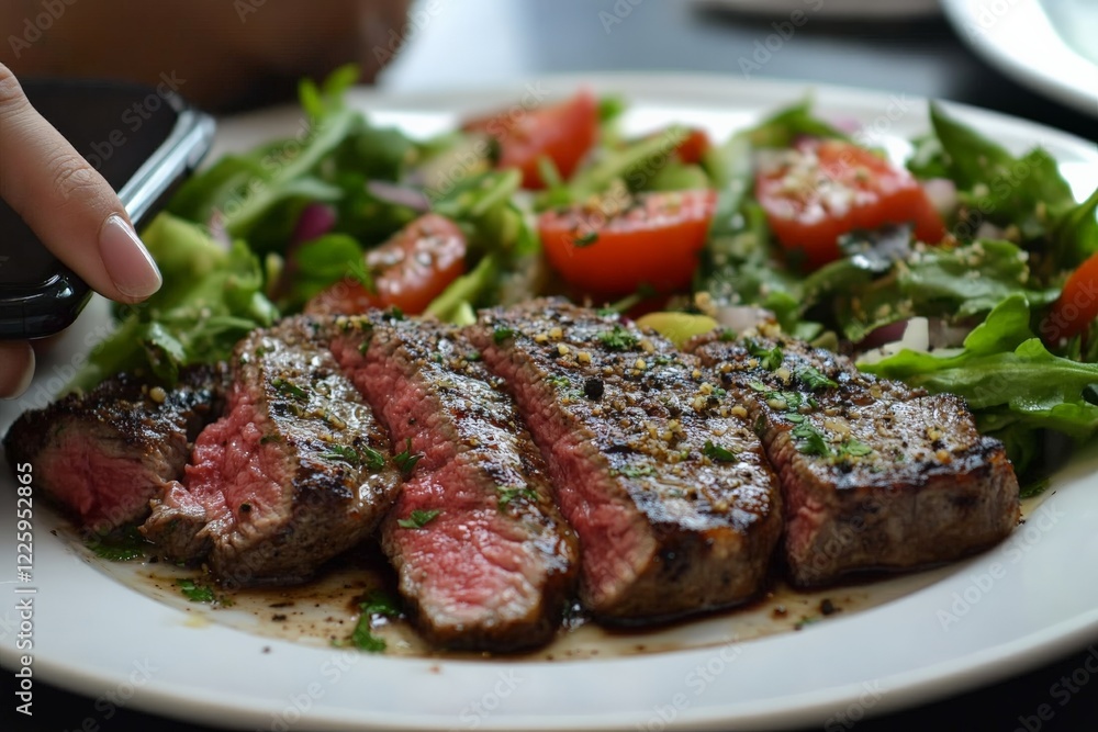Delicious grilled steak served with fresh salad and tomatoes on a plate in a bright setting Delicious grilled steak served with fresh salad and tomatoes on a plate in a bright setting