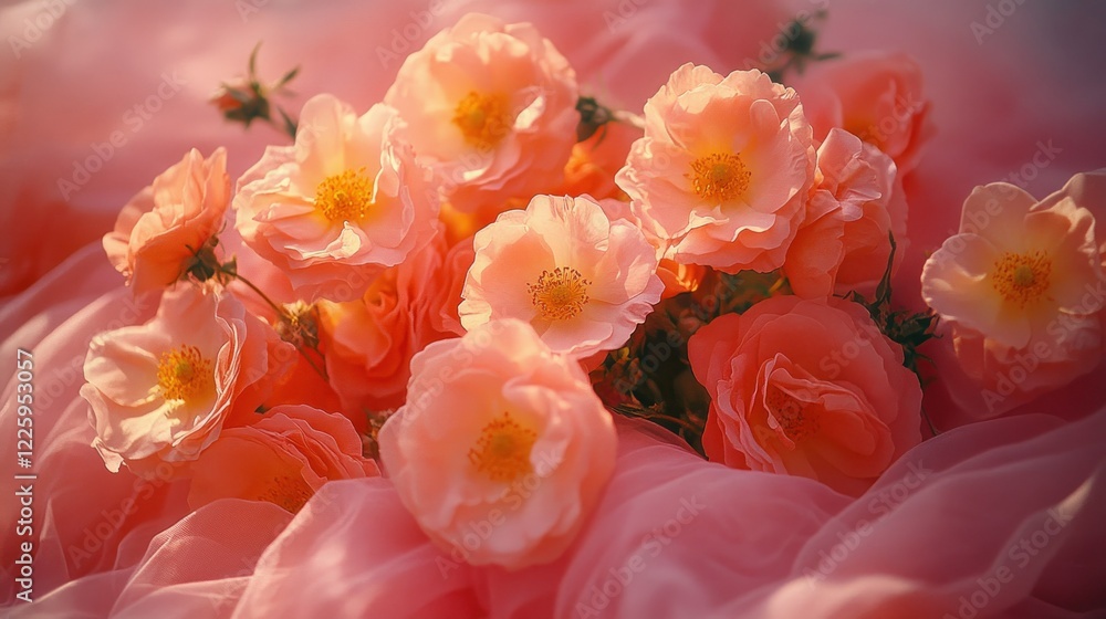 Peach Roses on Pink Silk: A Romantic Floral Still Life Peach Roses on Pink Silk: A Romantic Floral Still Life