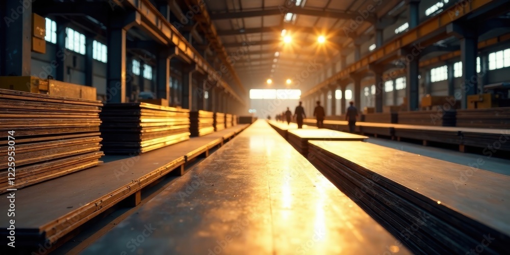 Golden Hour in the Steelworks Rows of Metal Sheets Gleam Under the Factory's Warm Lighting Golden Hour in the Steelworks Rows of Metal Sheets Gleam Under the Factory's Warm Lighting