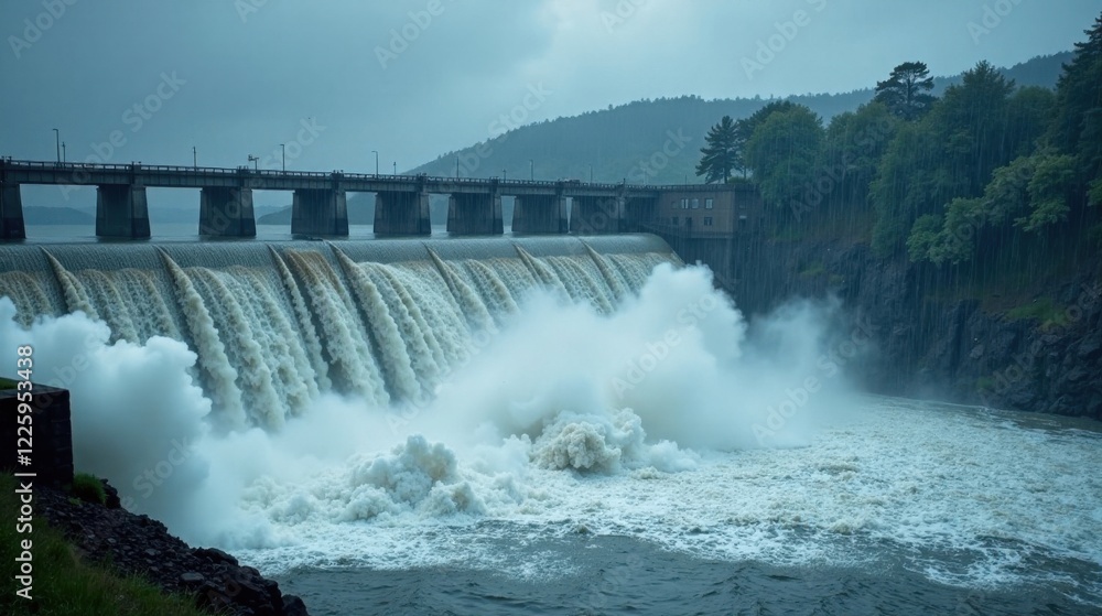 A powerful surge of water cascades over a massive dam during a heavy rainfall, creating a dramatic display of nature's force. A powerful surge of water cascades over a massive dam during a heavy rainfall, creating a dramatic display of nature's force.