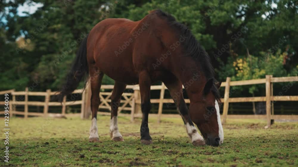 Brown horse grazing in a field