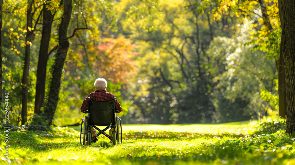 Senior person in a wheelchair enjoying a sunlit park with vibrant green trees and a peaceful atmosphere. Senior person in a wheelchair enjoying a sunlit park with vibrant green trees and a peaceful atmosphere.