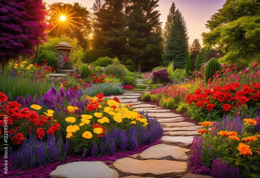 Fototapeta premium vibrant garden featuring inviting pathways surrounded lush foliage colorful blooms picturesque landscape, flowers, plants, nature, scenery, greenery, trees