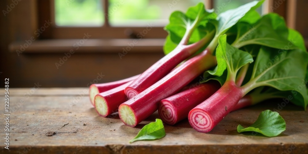 A vibrant bunch of freshly harvested rhubarb stalks, exhibiting a rich crimson hue and succulent texture, rests on a rustic wooden surface. The vibrant green leaves add a delightful contrast.