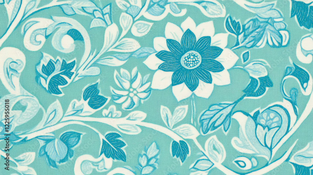 Elegant Teal and White Floral Fabric Texture: A Seamless Pattern of Delicate Blooms and Curving Vines Elegant Teal and White Floral Fabric Texture: A Seamless Pattern of Delicate Blooms and Curving Vines