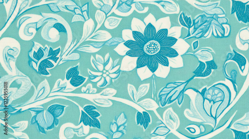 Elegant Teal and White Floral Fabric Texture: A Seamless Pattern of Delicate Blooms and Curving Vines