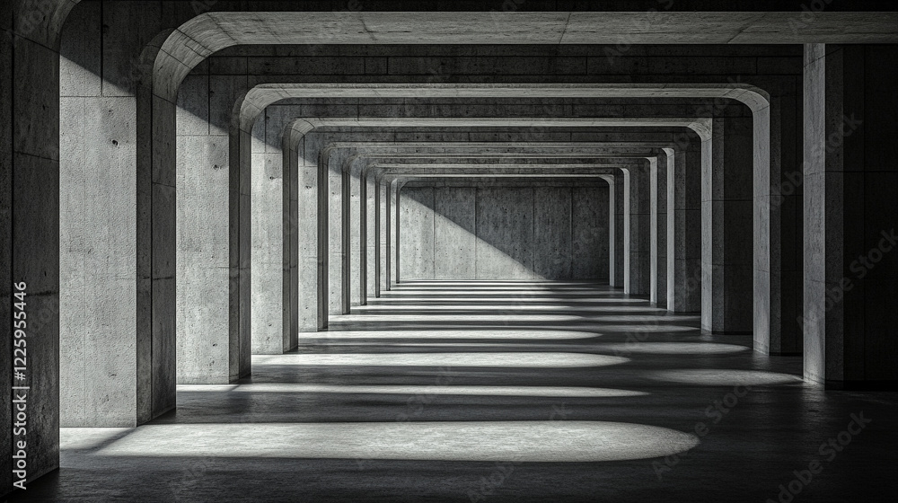 Fototapeta premium A 3D render showcasing modern white concrete architecture with a minimalistic design, featuring an empty cement floor and a bright tone, offering a spacious, clean backdrop for creative uses