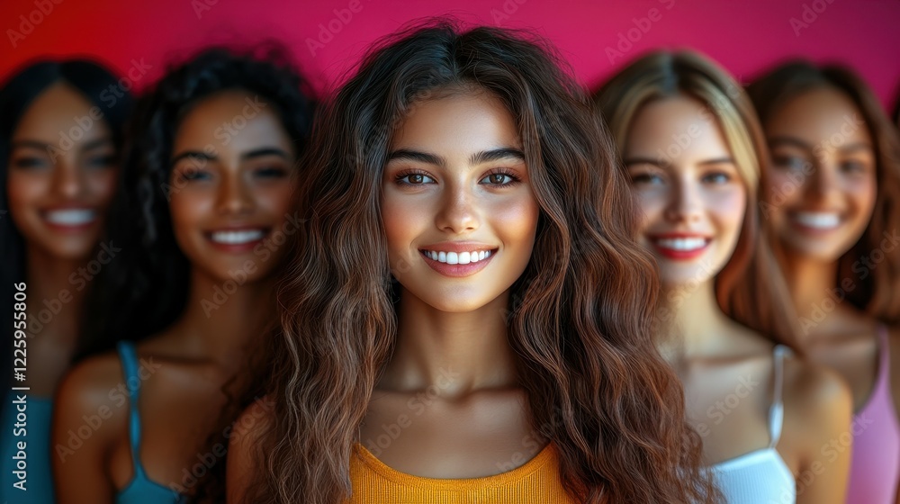 Obraz premium A group of cheerful young women stands closely together, showcasing their smiles and unique hairstyles against a vibrant backdrop. The atmosphere is lively and joyful