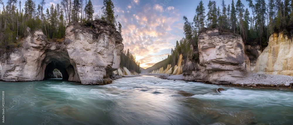 Fototapeta premium Majestic River Gorge at Sunset, Panoramic View of Natural Stone Arch