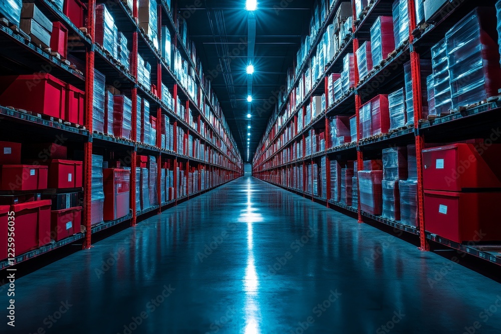Fototapeta premium Warehouse interior showcasing organized shelves filled with red storage boxes under bright overhead lights