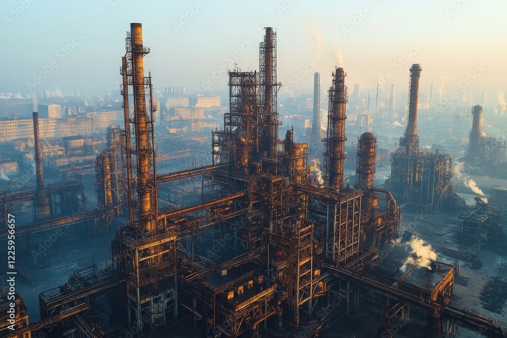 Industrial complex with towering smokestacks at sunrise in an urban landscape Industrial complex with towering smokestacks at sunrise in an urban landscape