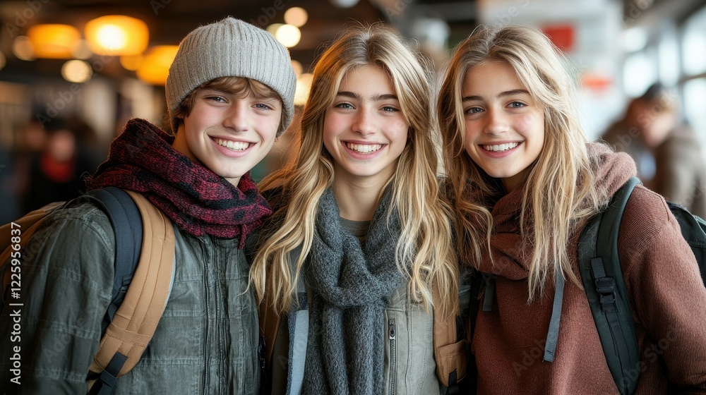 Three teenagers stand closely together, smiling warmly at each other. They wear stylish winter attire, with cozy scarves and backpacks, enjoying a fun outing indoors Three teenagers stand closely together, smiling warmly at each other. They wear stylish winter attire, with cozy scarves and backpacks, enjoying a fun outing indoors