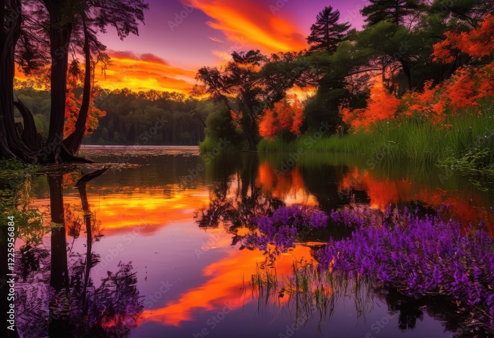 Obraz premium stunning sunset reflection over calm lake shore surrounded lush greenery silhouetted trees, water, sky, colors, clouds, horizon, landscape, light