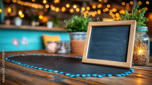 A cozy cafe setting showcases a wooden table adorned with a blue-beaded mat, a blank chalkboard frame, glowing jar candle, and vibrant plants, inviting relaxation photo