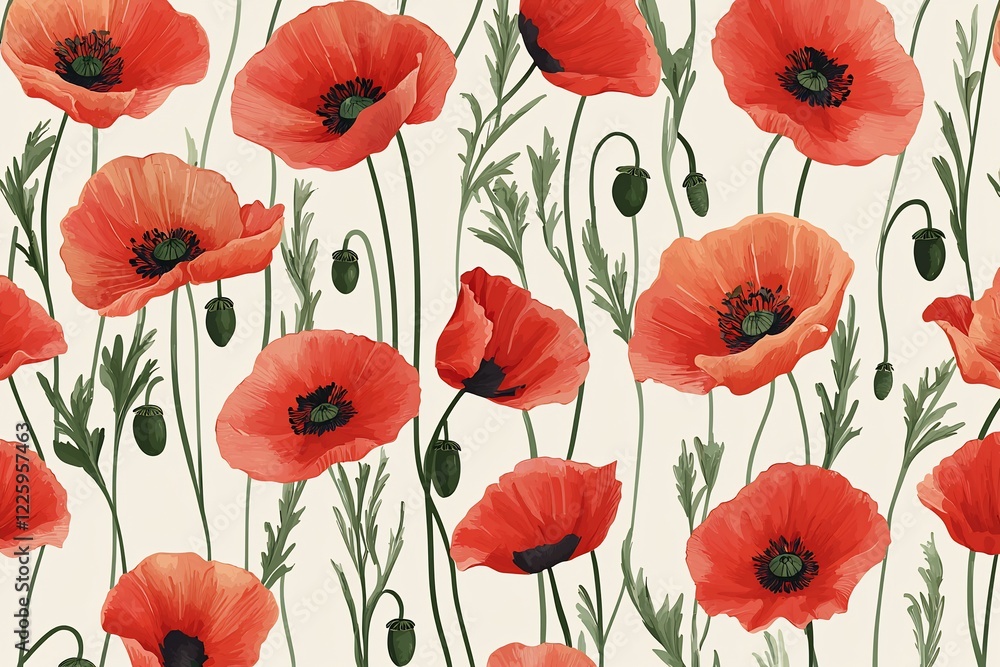 Obraz premium Vibrant red poppies with green stems against a light background, creating a lively floral pattern
