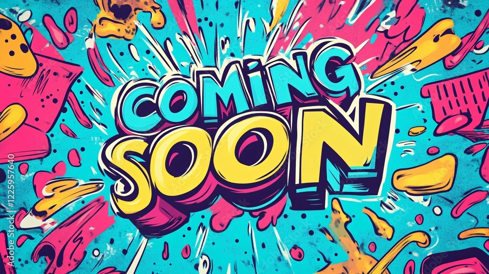 Fototapeta premium Coming soon sign with colorful urban graffiti style announcing upcoming event