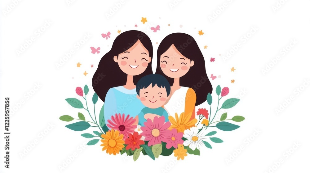 Heartwarming Illustration of Two Women and a Boy Smiling Surrounded by Colorful Flowers and Butterflies Heartwarming Illustration of Two Women and a Boy Smiling Surrounded by Colorful Flowers and Butterflies