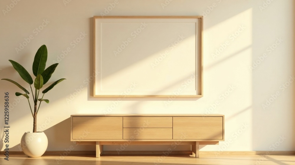 Modern Minimalist Living Room with Blank Canvas and Light Wood Media Console Modern Minimalist Living Room with Blank Canvas and Light Wood Media Console