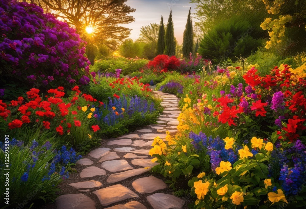 vibrant garden pathway surrounded colorful blooms lush greenery providing scenic outdoor experience, flowers, landscape, petals, foliage, plantation, shrubs vibrant garden pathway surrounded colorful blooms lush greenery providing scenic outdoor experience, flowers, landscape, petals, foliage, plantation, shrubs
