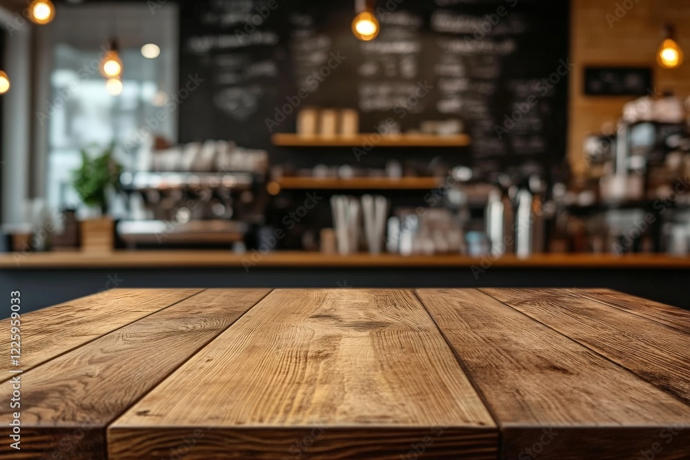 Rustic wooden table in a warm coffee shop setting with ambient lighting and a cozy atmosphere Rustic wooden table in a warm coffee shop setting with ambient lighting and a cozy atmosphere