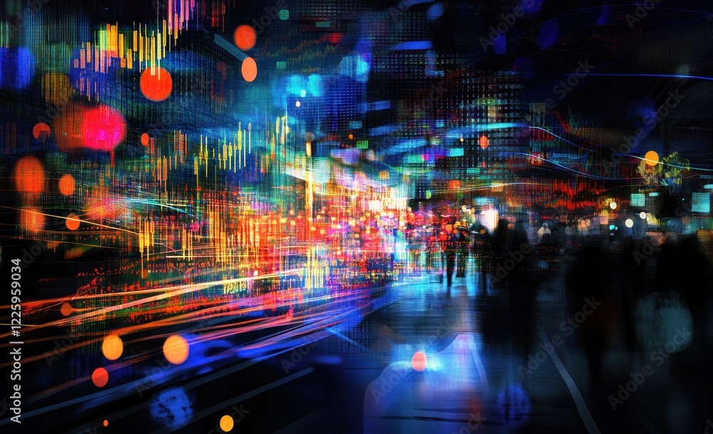 Obraz premium Vibrant Cityscape: A Symphony of Lights and Data Streams