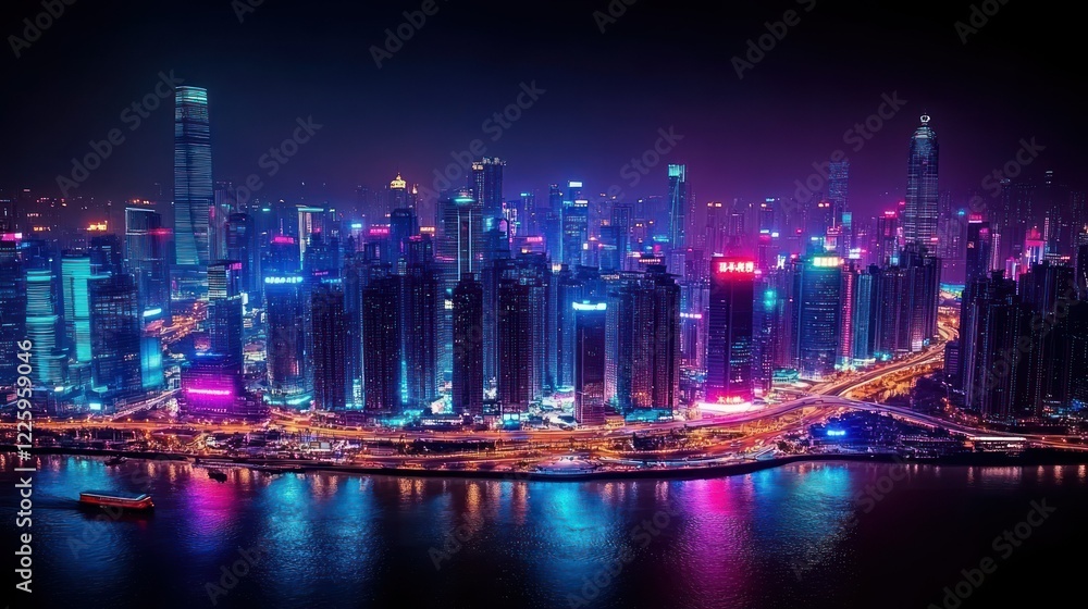 Fototapeta premium Neon Nightscape: A vibrant aerial view of a futuristic city skyline at night, illuminated with dazzling neon lights reflecting on the water.