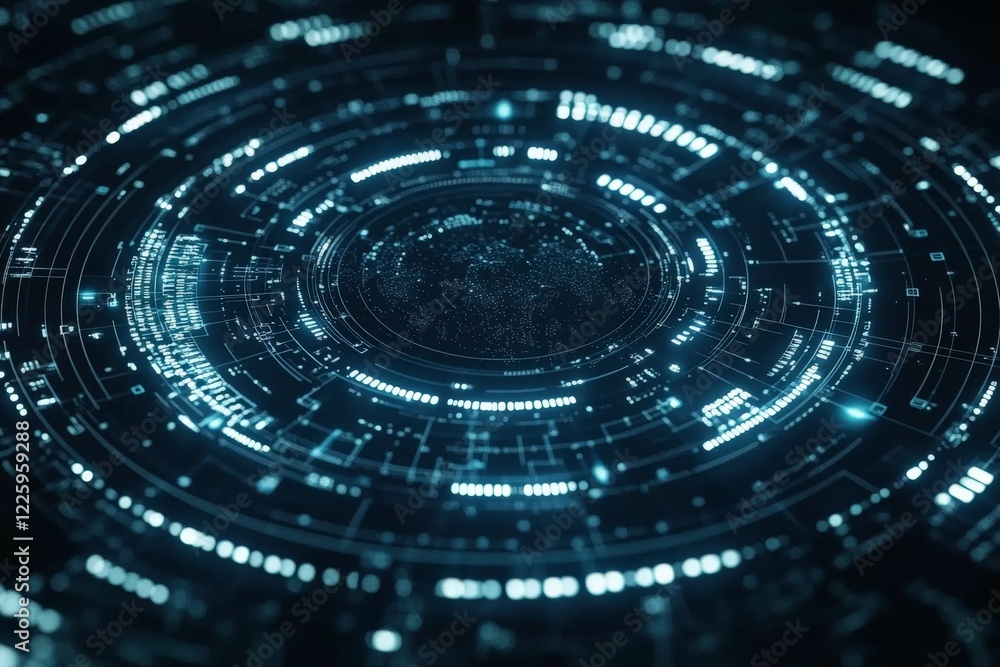 Digital data visualization showcasing intricate circular patterns and glowing blue lines in a futuristic design Digital data visualization showcasing intricate circular patterns and glowing blue lines in a futuristic design