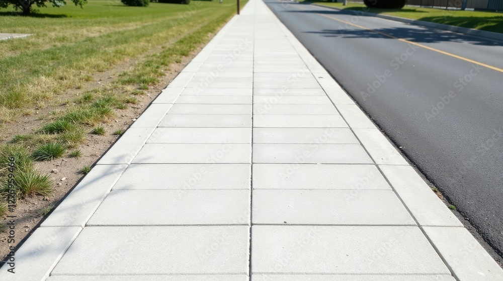 A serene perspective of a sidewalk, meticulously paved with light-grey rectangular tiles, adjacent to a smooth asphalt road, bordered by a strip of verdant grass A serene perspective of a sidewalk, meticulously paved with light-grey rectangular tiles, adjacent to a smooth asphalt road, bordered by a strip of verdant grass