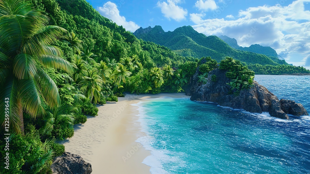 Tropical Island, A pristine tropical beach with turquoise water, white sand, and lush palm trees, captured during golden hour Tropical Island, A pristine tropical beach with turquoise water, white sand, and lush palm trees, captured during golden hour