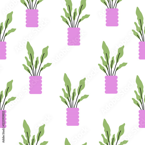 Seamless pattern of houseplants in purple pots with green leaves on a white background