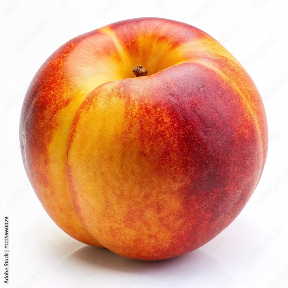 Whole peach with smooth skin and vibrant color on white background, copy space Whole peach with smooth skin and vibrant color on white background, copy space