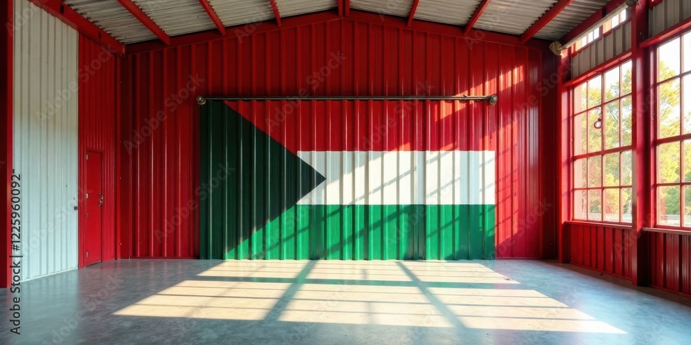 Fototapeta premium Sunlit Industrial Interior with Painted Flag Design on Metal Wall