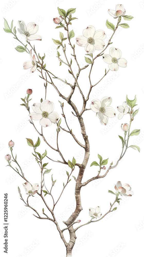 Beautiful Dogwood Tree Branches Adorned With White Flowers and Budding Leaves in a Natural Setting - Vintage Illustration, Isolated on White Transparent Background, PNG Beautiful Dogwood Tree Branches Adorned With White Flowers and Budding Leaves in a Natural Setting - Vintage Illustration, Isolated on White Transparent Background, PNG