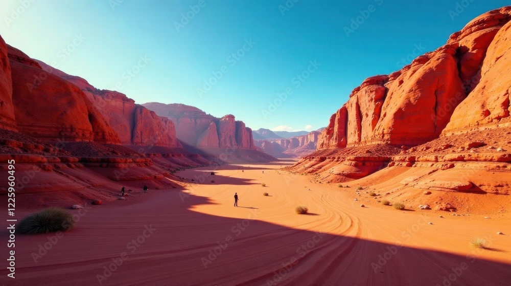 Fototapeta premium Arid Canyon Landscape with Figures in Golden Hour Light, showcasing the vastness and beauty of the desert