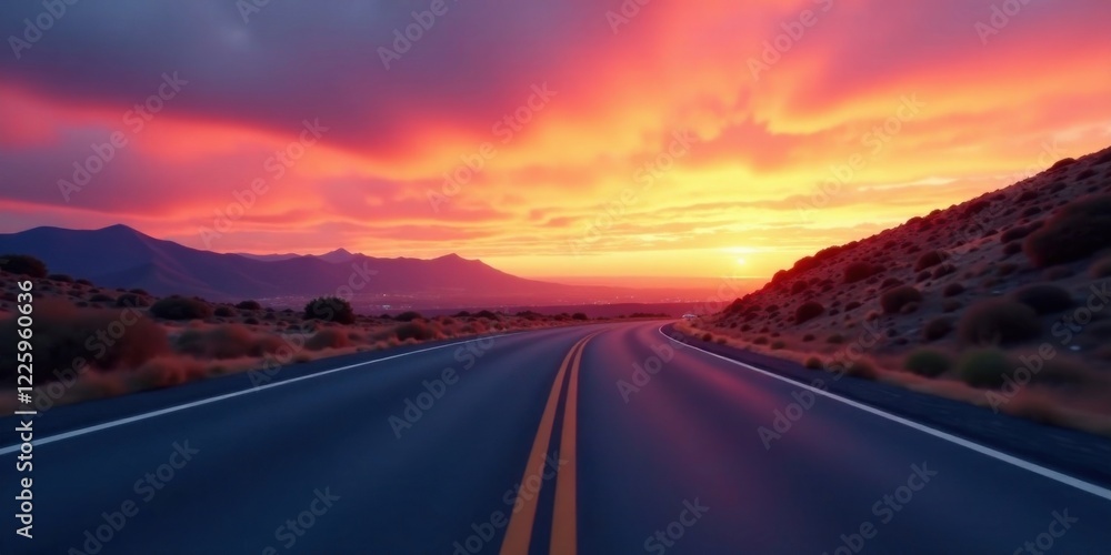 Naklejka premium A scenic highway journey unfolds at sunset, with vibrant colors painting the sky and mountains in a breathtaking panorama of nature's artistry.