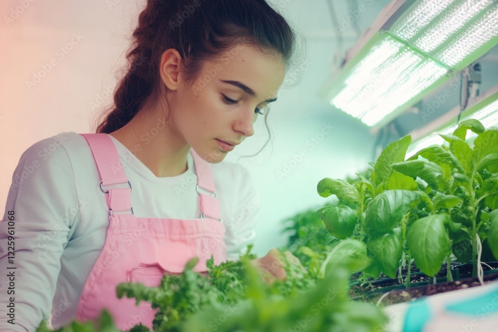 Young woman in pink overalls tending to thriving indoor plants under grow lights. Young woman in pink overalls tending to thriving indoor plants under grow lights.