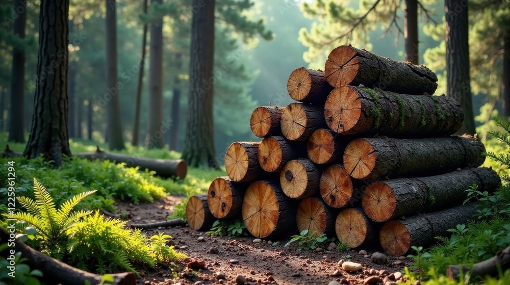 Sunlit Forest Path with Stacked Logs, a Natural Scene of Timber Harvesting and Woodland Preservation Sunlit Forest Path with Stacked Logs, a Natural Scene of Timber Harvesting and Woodland Preservation