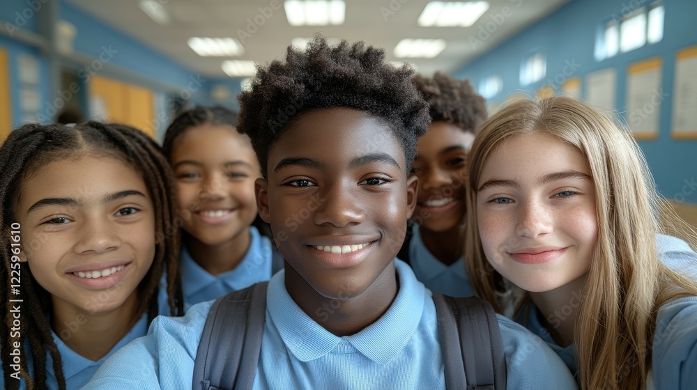 In a bright classroom corridor, six cheerful school children pose together for a group selfie, showcasing their friendship and happiness. The vibrant atmosphere highlights their connection In a bright classroom corridor, six cheerful school children pose together for a group selfie, showcasing their friendship and happiness. The vibrant atmosphere highlights their connection