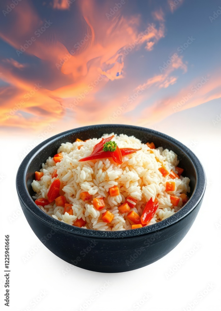 Extreme top view of an extremely perfect looking fried rice with kimchi in a dark granite bowl isolated on a white transparent background Super Bowl football game sport ball american superbowl Extreme top view of an extremely perfect looking fried rice with kimchi in a dark granite bowl isolated on a white transparent background Super Bowl football game sport ball american superbowl