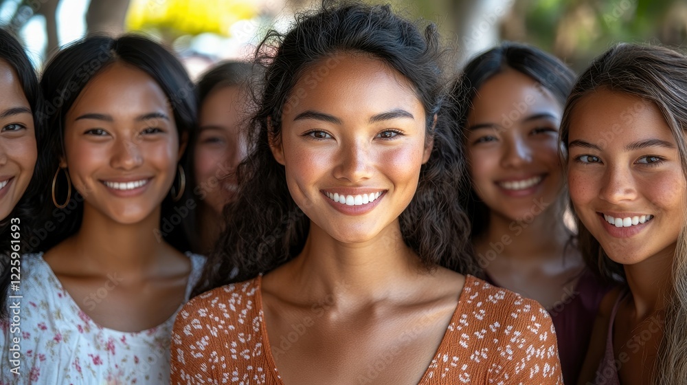 Obraz premium A group of cheerful young women stand close together outdoors, enjoying a sunny day in a park. Their bright smiles radiate happiness, creating a lively atmosphere