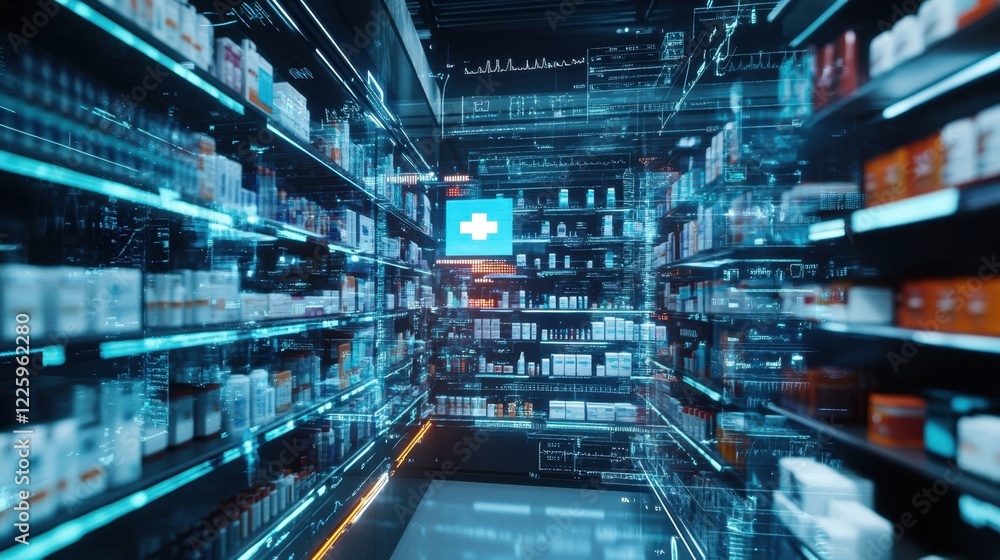A transparent holographic display of a pharmacy where digital prescriptions are filled with animated visuals of medications and health resources. A transparent holographic display of a pharmacy where digital prescriptions are filled with animated visuals of medications and health resources.
